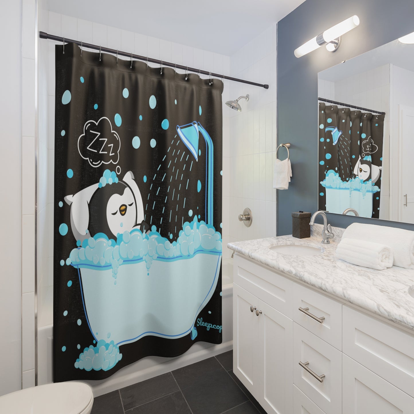 Cute Penguin Shower Curtain, Fun Bathroom Decor, Spa Vibe, Gift for Animal Lovers, Cozy Home Accessory