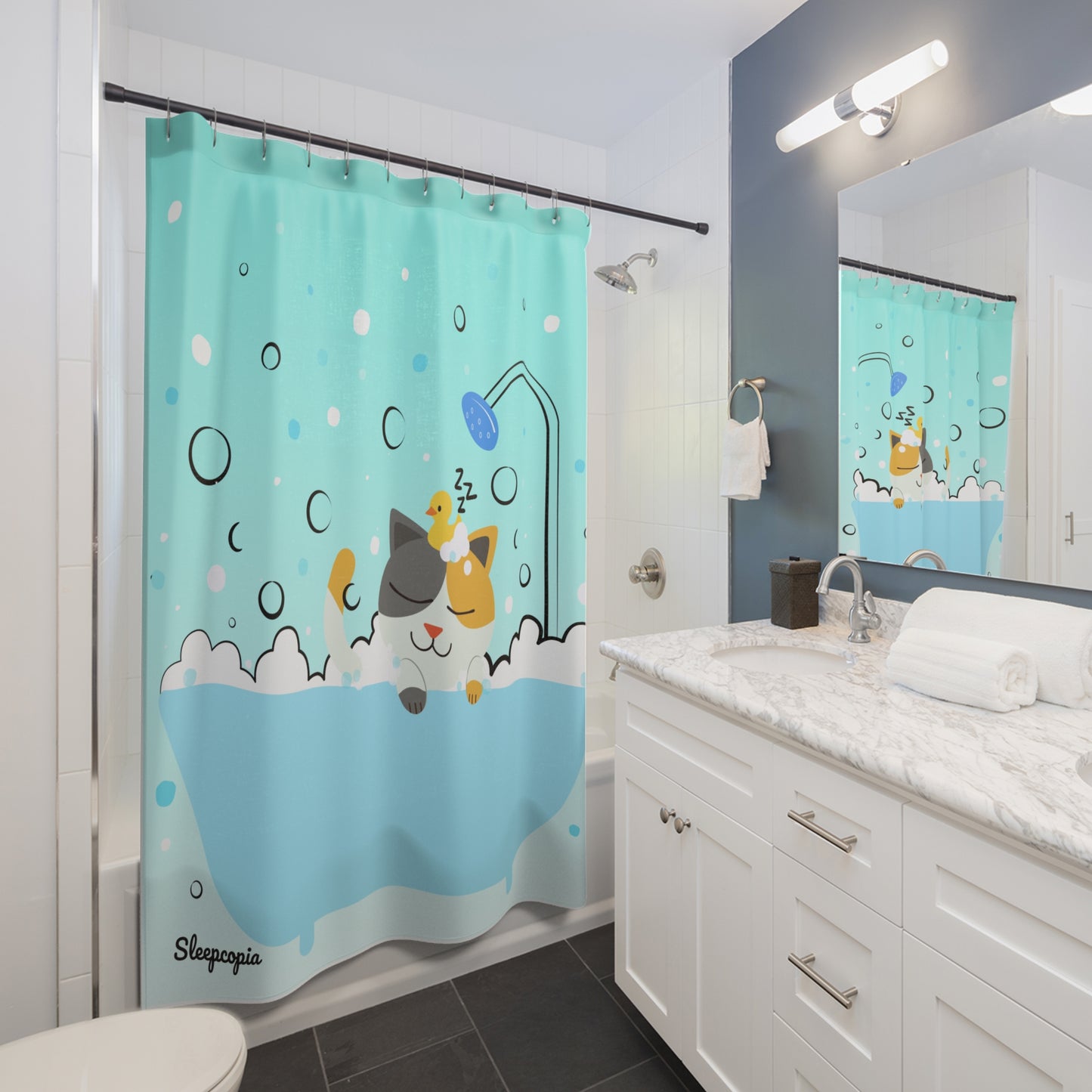 Sleepy Cat Bath Shower Curtain, Cute Bathroom Decor, Fun Animal Design, Gifts for Cat Lovers, Playful Home Accents
