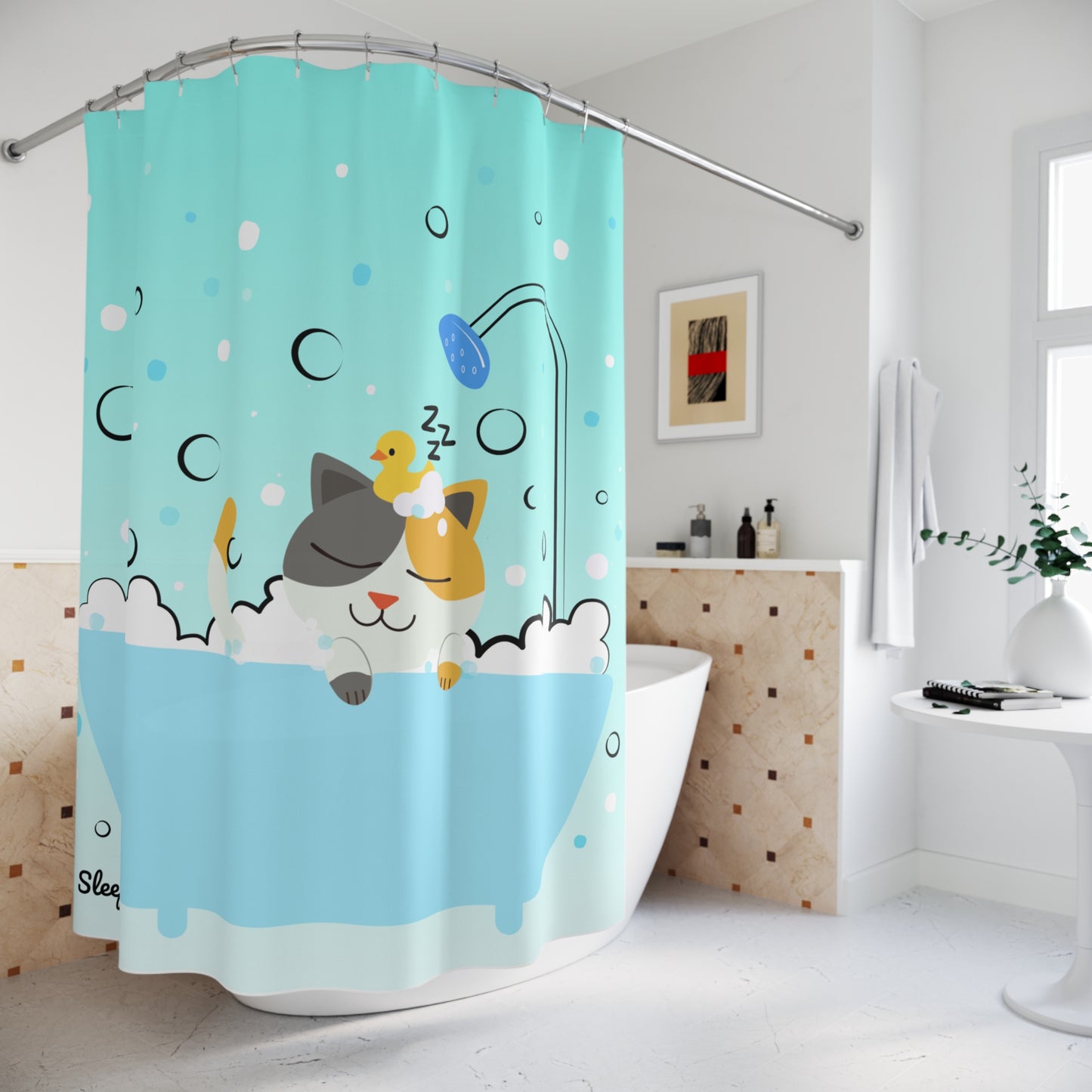 Sleepy Cat Bath Shower Curtain, Cute Bathroom Decor, Fun Animal Design, Gifts for Cat Lovers, Playful Home Accents