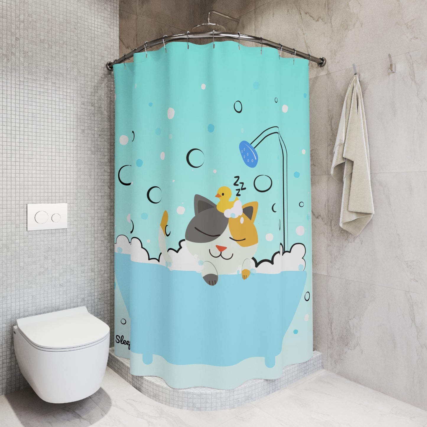 Sleepy Cat Bath Shower Curtain, Cute Bathroom Decor, Fun Animal Design, Gifts for Cat Lovers, Playful Home Accents