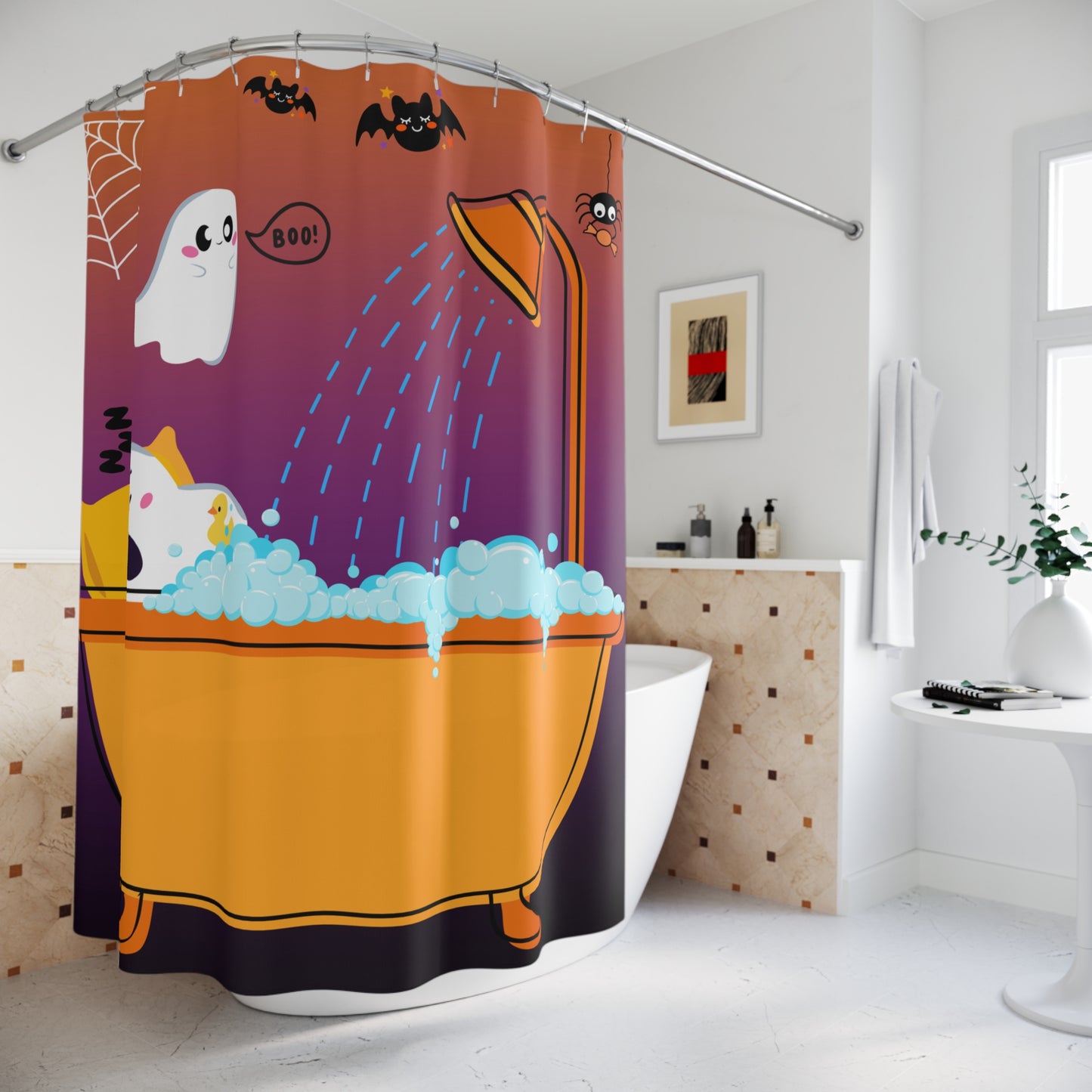 Whimsical Halloween Shower Curtain, Fun Bathroom Decor, Ghosts & Bats Design, Spooky Vibes, Kids Halloween Party, Gift for Halloween Lovers